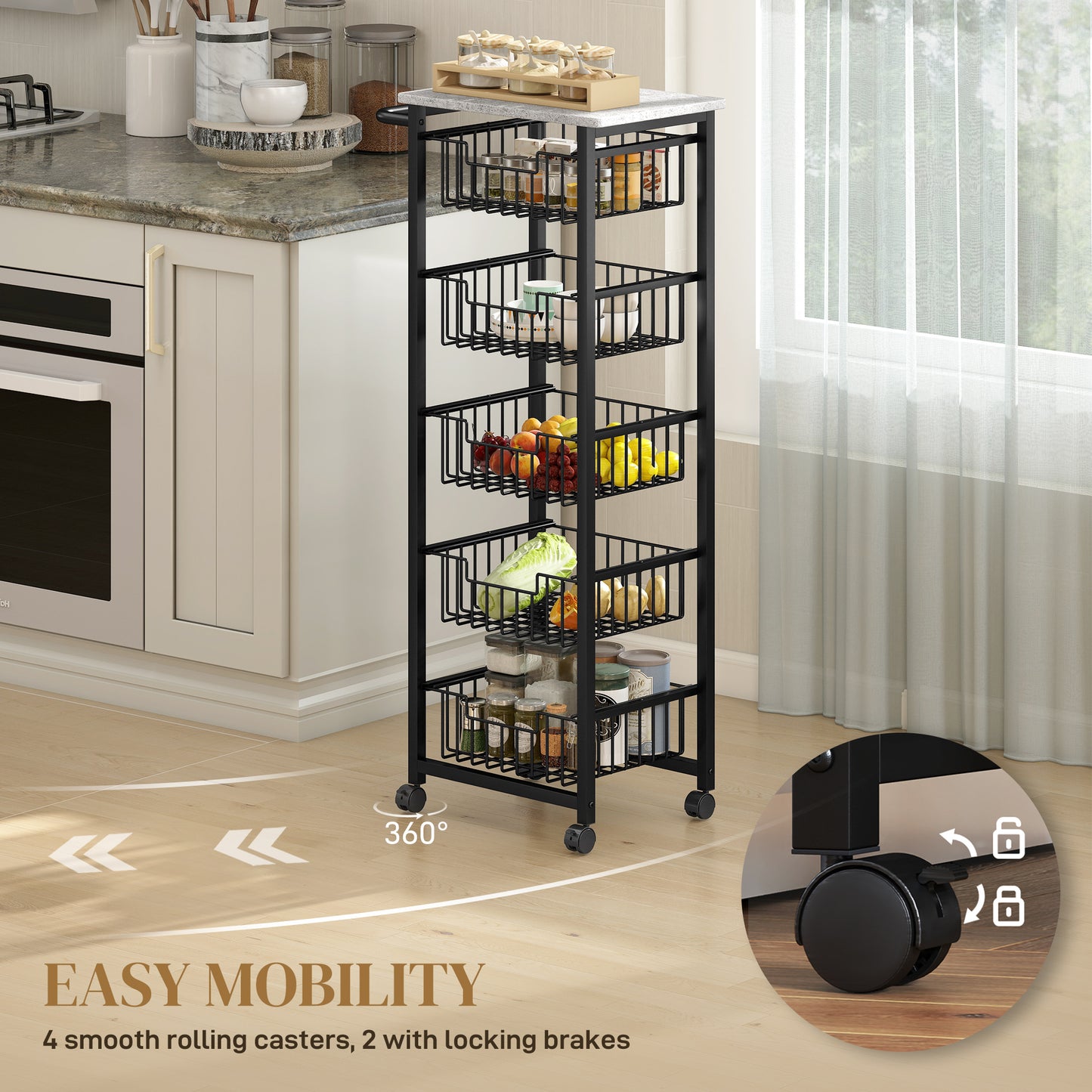 Five Basket Mobile Kitchen Island, With Brakes - Grey/Black