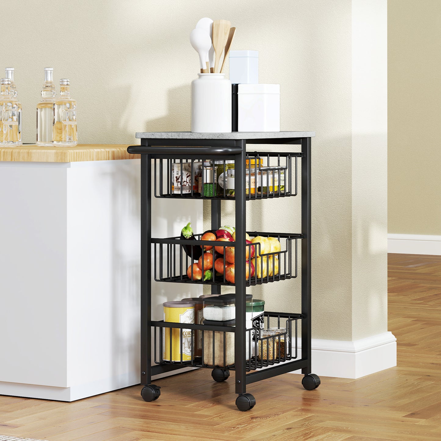 Three Basket Mobile Kitchen Island, With Brakes - Grey/Black