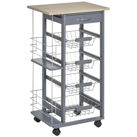 Rolling Kitchen Cart, Utility Storage Cart With 4 Basket Drawers & Side Racks, Wheels For Dining Room, Grey