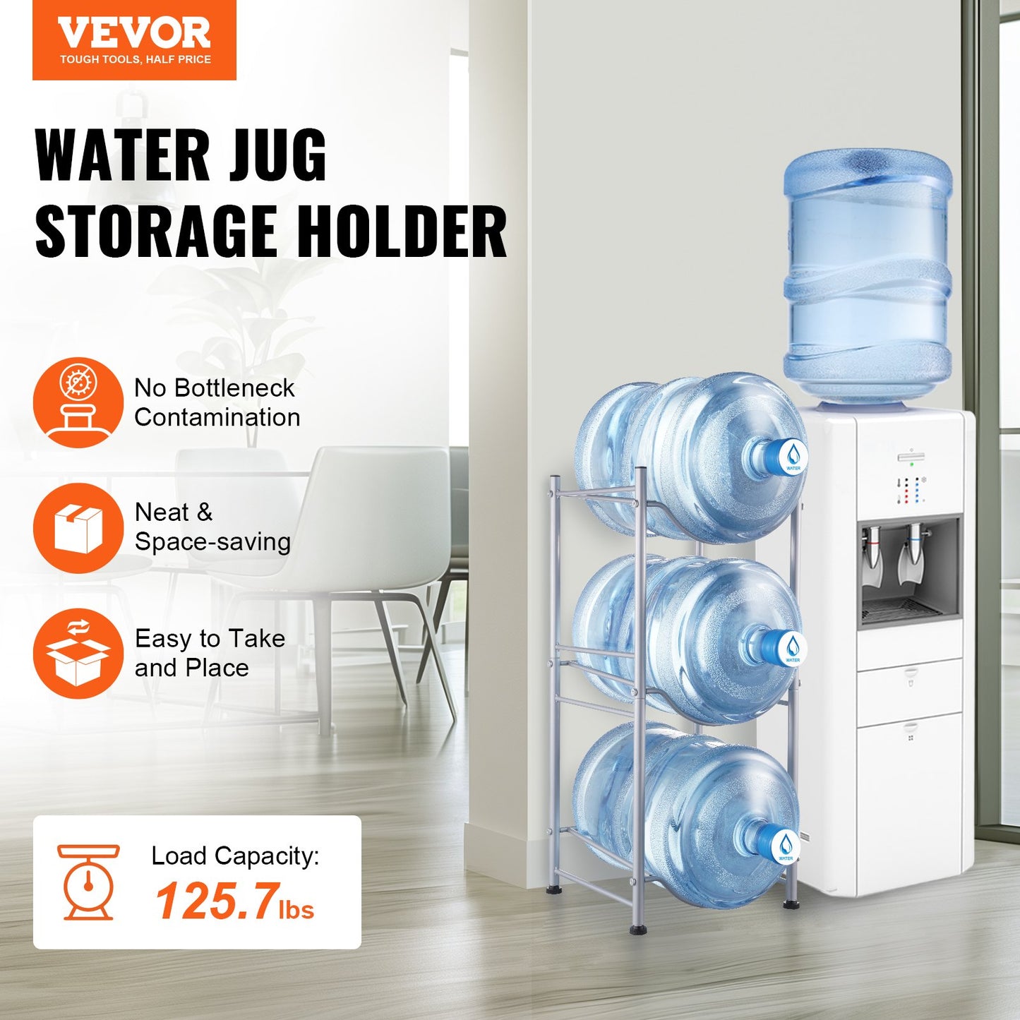 3 Tiers Water Jug Holder, 5 Gallon Water Bottle Holder, Single Row Water Bottle Rack For 3 Bottles, Heavy Duty Water Jug Rack For Kitchen, Office, Living Room, Silver